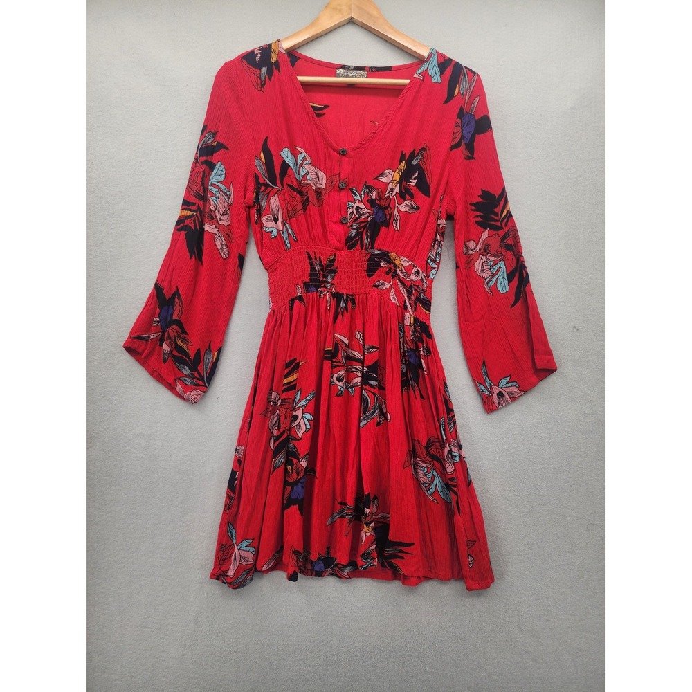 J.Gee Red Floral Mini Dress Petite Med PM Boho Bell Sleeve Smocked Waist‎ Rayon